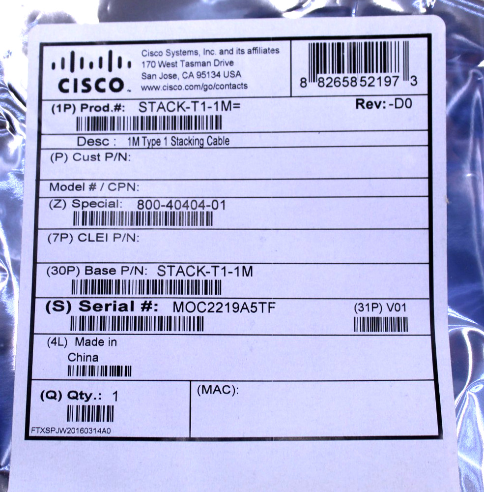 STACK-T1-1M Cisco Catalyst StackWise 1M Stacking Cable 800-40404-01 New