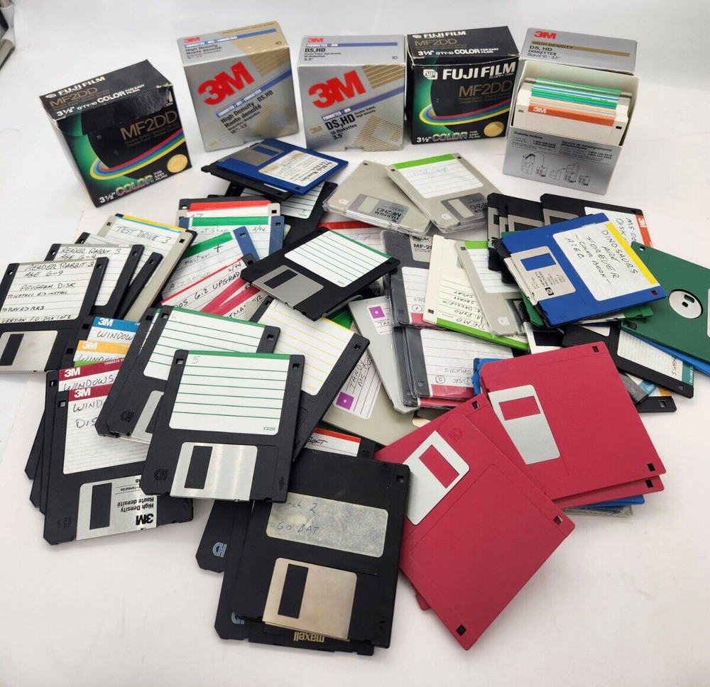 10 unsorted used 3.5" floppy disks various brands and systems.