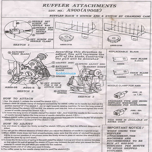 Ruffle Attachment Single Needle 3 Cams Wide Blade Set