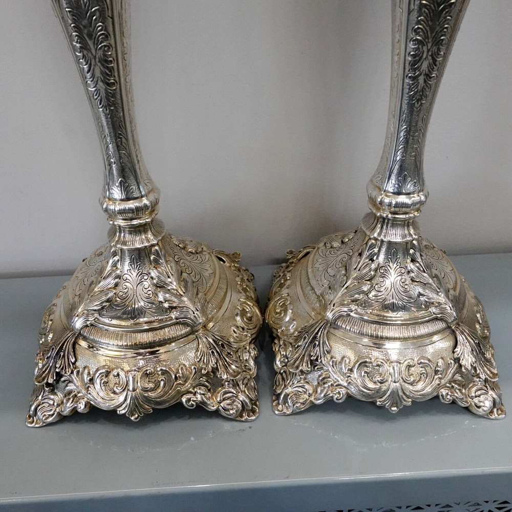 Martella Sterling Silver Venice Pattern Cast Candlestick Holder Set - 16" Tall