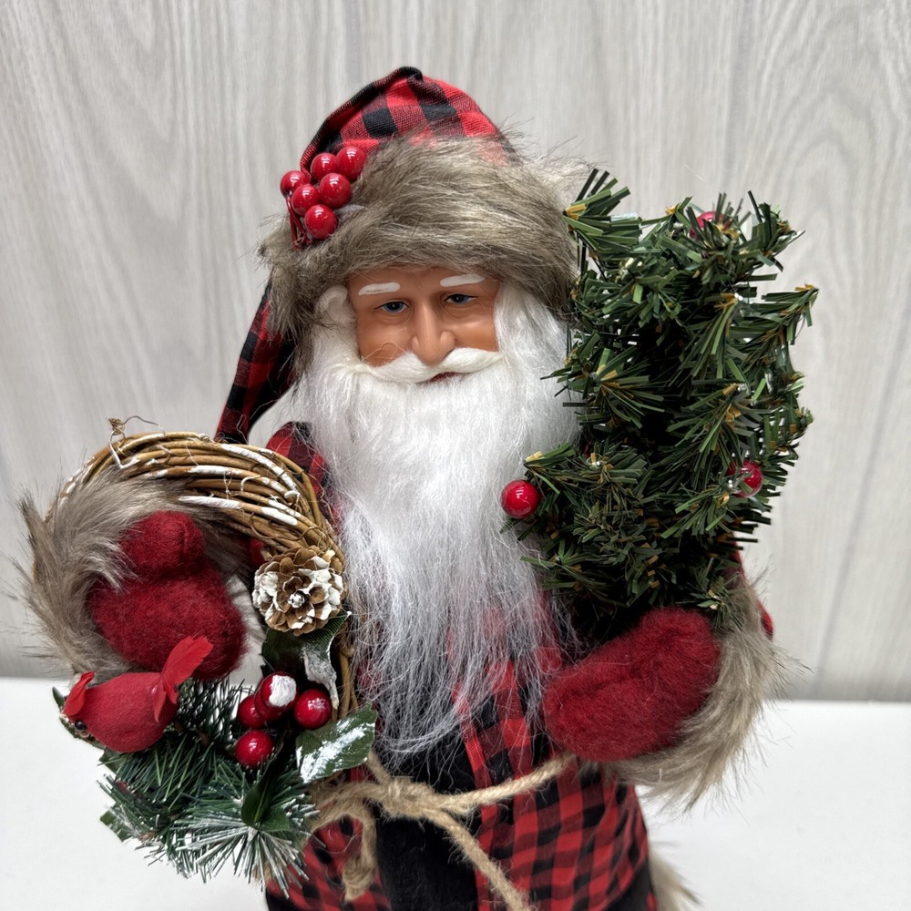 15" Plaid Black Bear Santa - Red