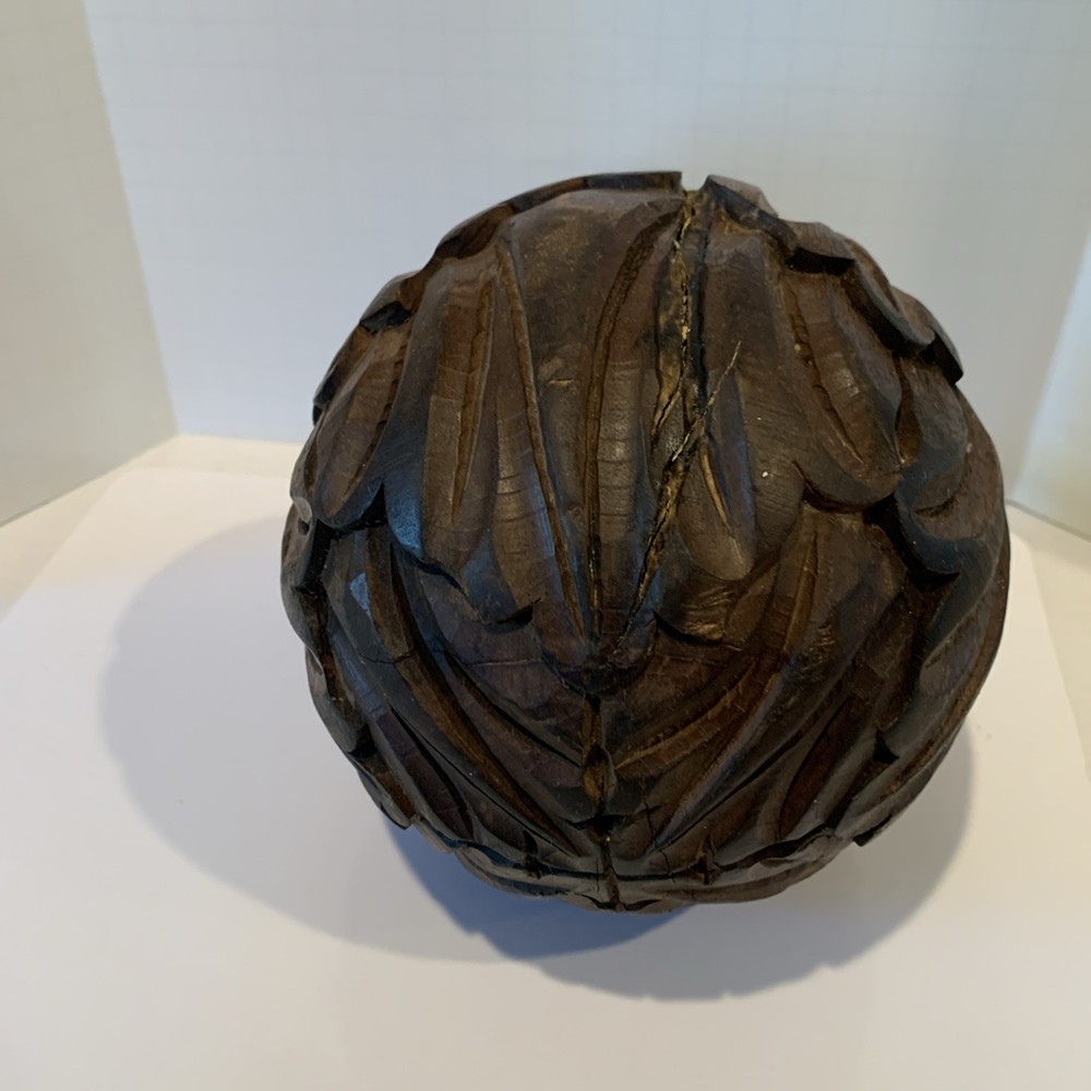 Primitive Hand Carved Solid Wood Sphere 6.5” Diameter Heavy