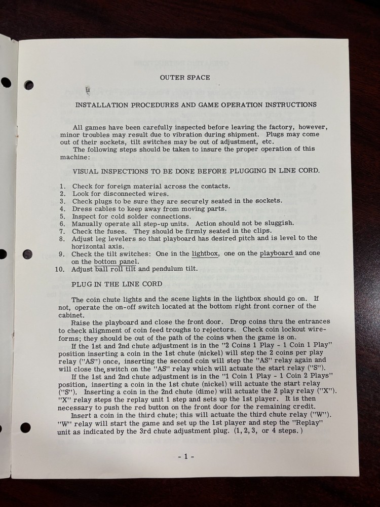 ORIGINAL-GOTTLIEB-OUTER SPACE-INSTALL PROCEDURES & GAME OPERATIONS-SCHEMATICS
