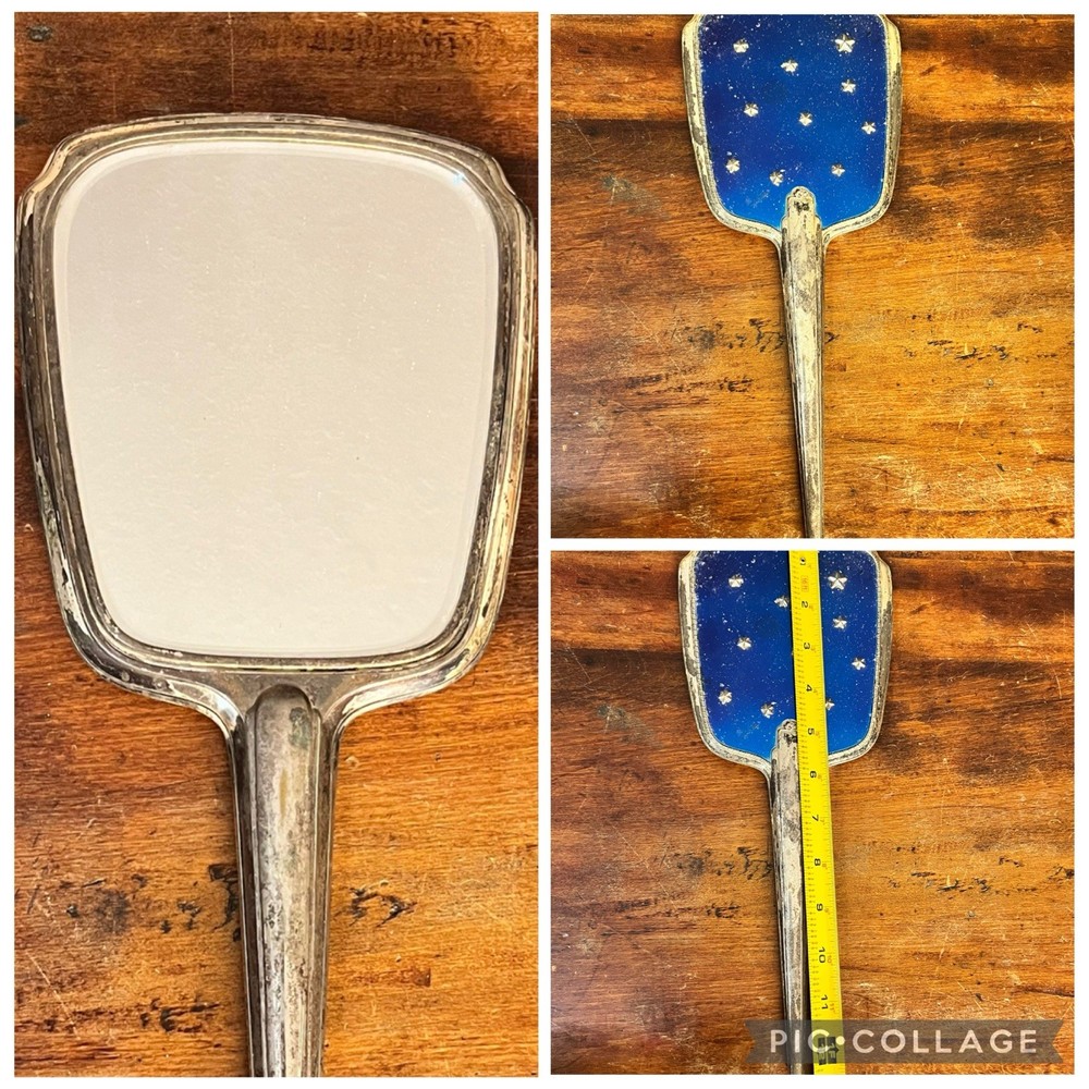 VTG Art Deco Vanity Beveled Hand Mirror 13” Silver Plated Handle