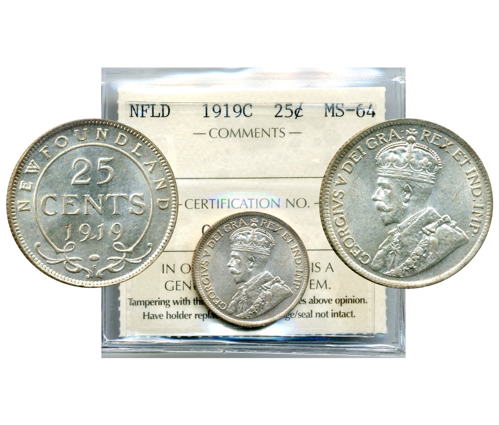 1919C Newfoundland 25 Cents - Choice Uncirculated, ICCS MS64