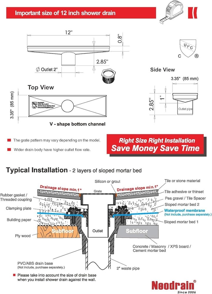 12" Rectangle Shower Drain with Anti-Clogging Hair Strainer