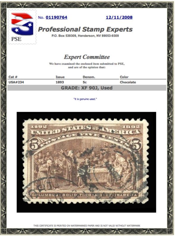 #234 Used,  PSE Graded 90J-Jumbo, PSE Cert #  01190764