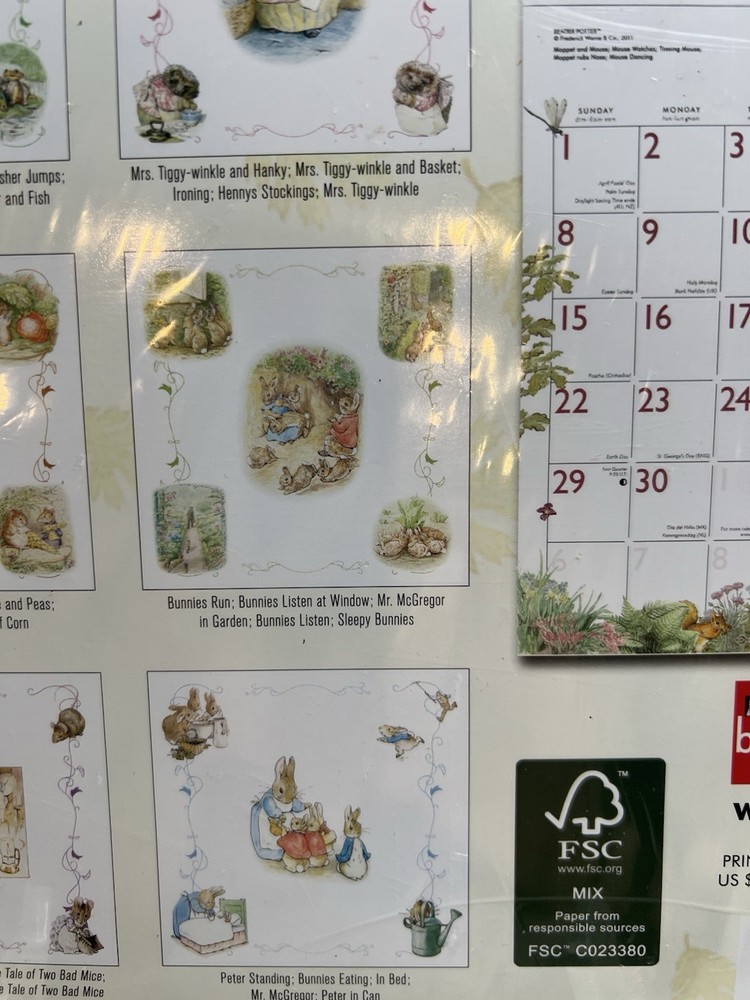 Beatrix Potter 2012 Calendar Peter Rabbit Illustrations Frederick Warne &Co. 12"