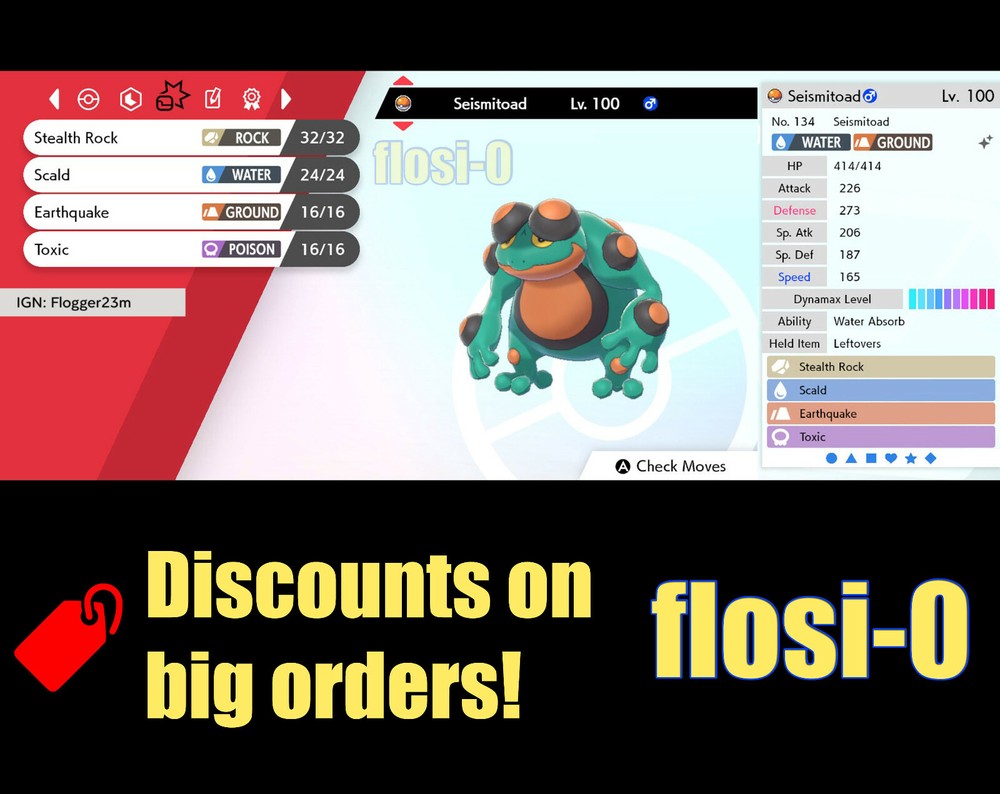 6IV Ultra Shiny Seismitoad Pokemon Sword and Shield (Square Shiny)