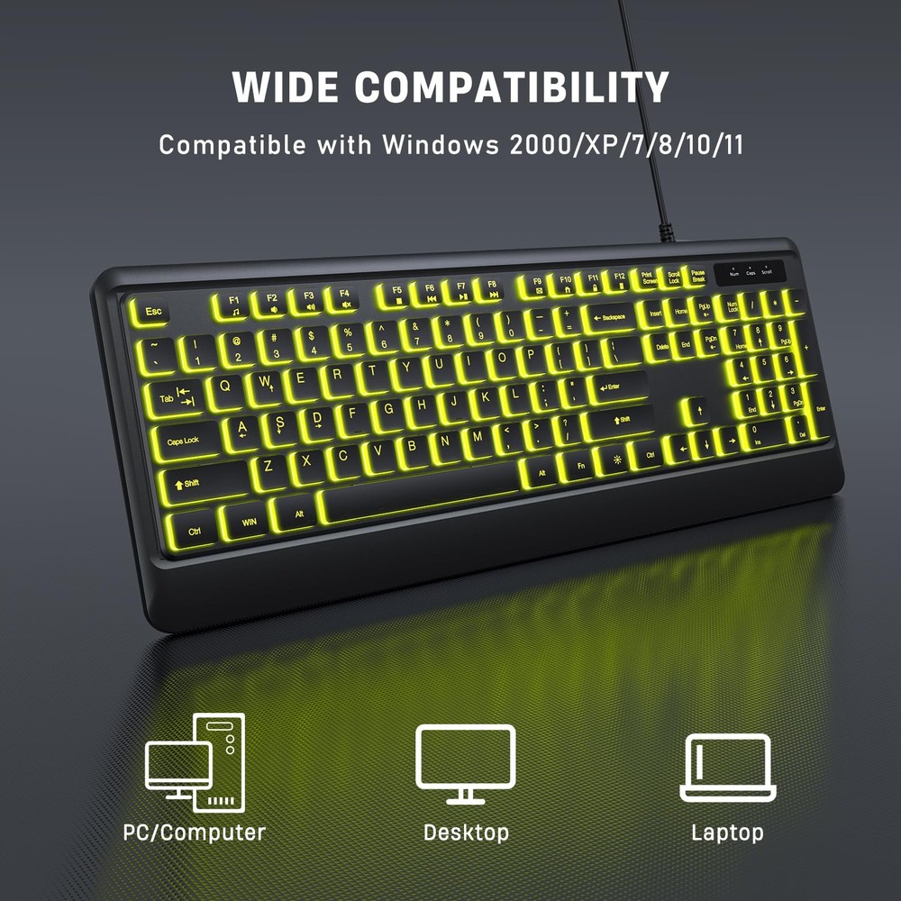 Wired USB LED Keyboard, 7 Colors Backlight, Full Size Quiet, Waterproof, PC