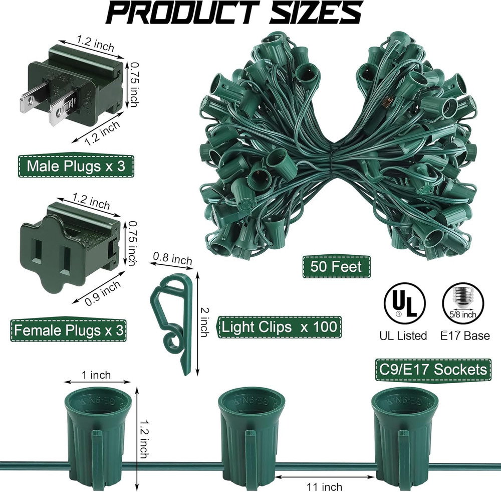 50 Ft C9/E17 Christmas Light Sockets Set Outdoor UL Listed String Light Include