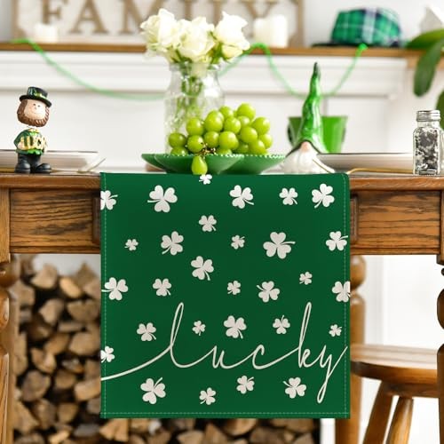 Lucky Shamrock St. Patrick's Day Table Runner, Table Runner, 13" x 72" Green