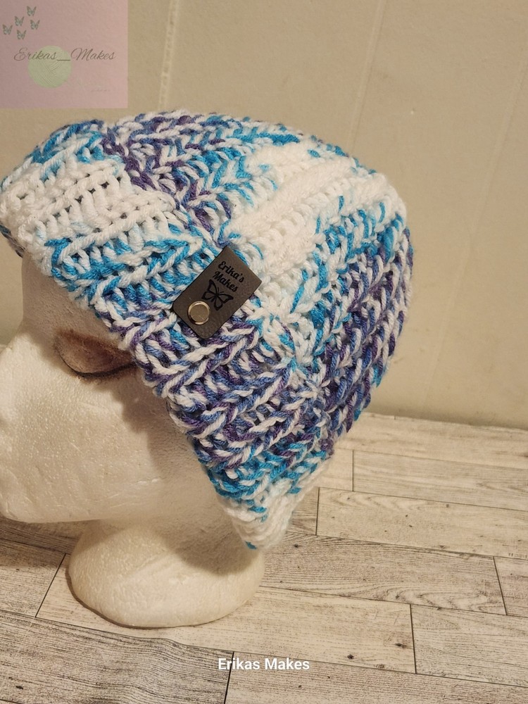 Blue Purple And White Chunky Knit Beanie Handmade