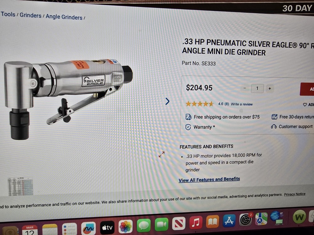 New Matco Tools / Silver Eagle SE333 Right Angle Die Grinder Air Pneumatic