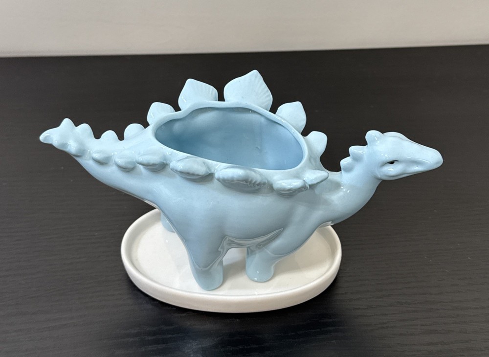 Blue Ceramic Stegosaurus shape Dinosaur Succulent Planter With Matching Tray