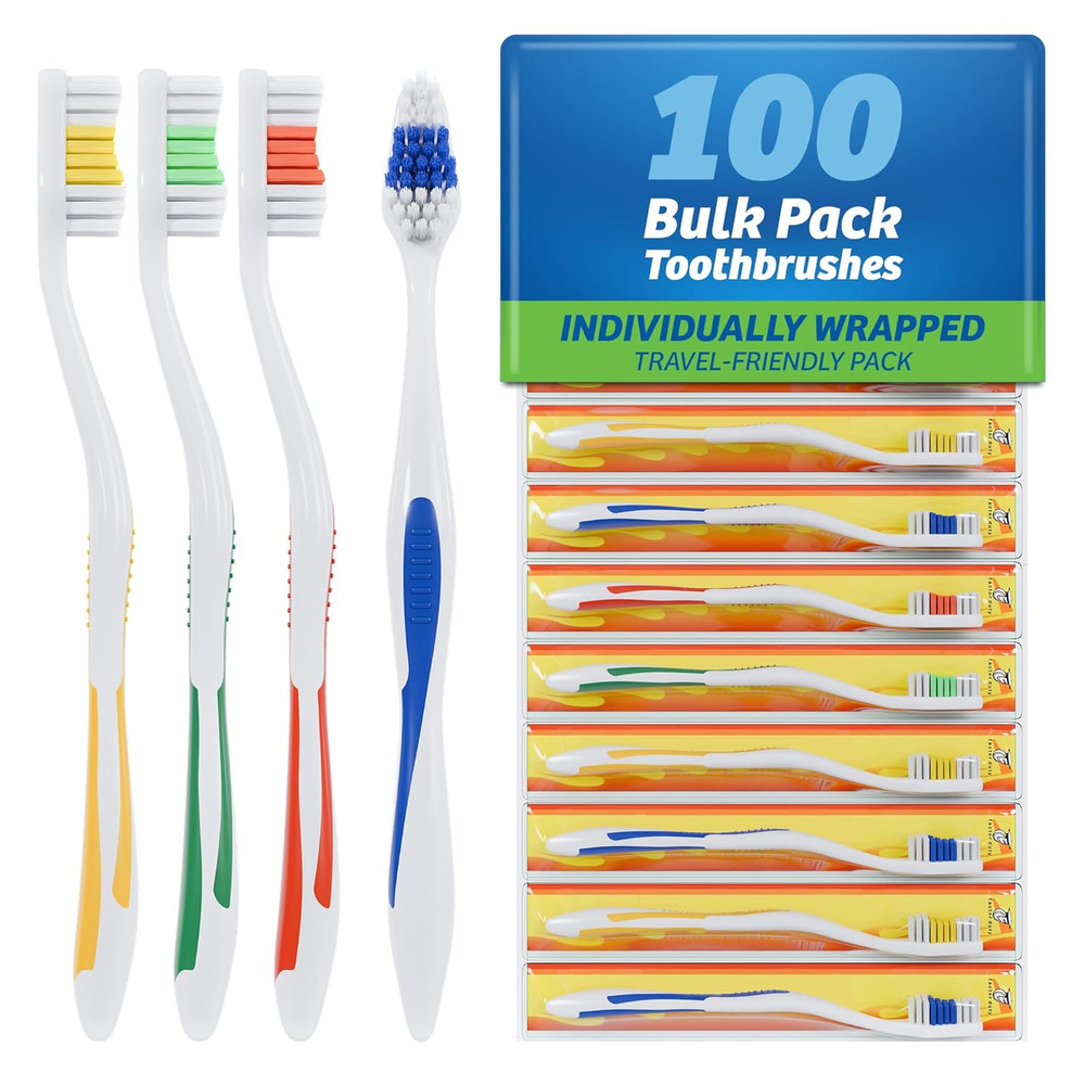 100 Pack Individually Wrapped Medium Soft Toothbrushes Bulk Standard Classic