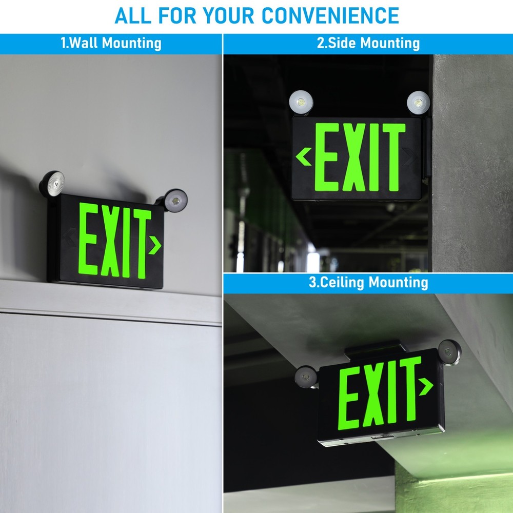 4 Pack Green LED Exit Sign Emergency Lights, Two Adjustable Head, Black