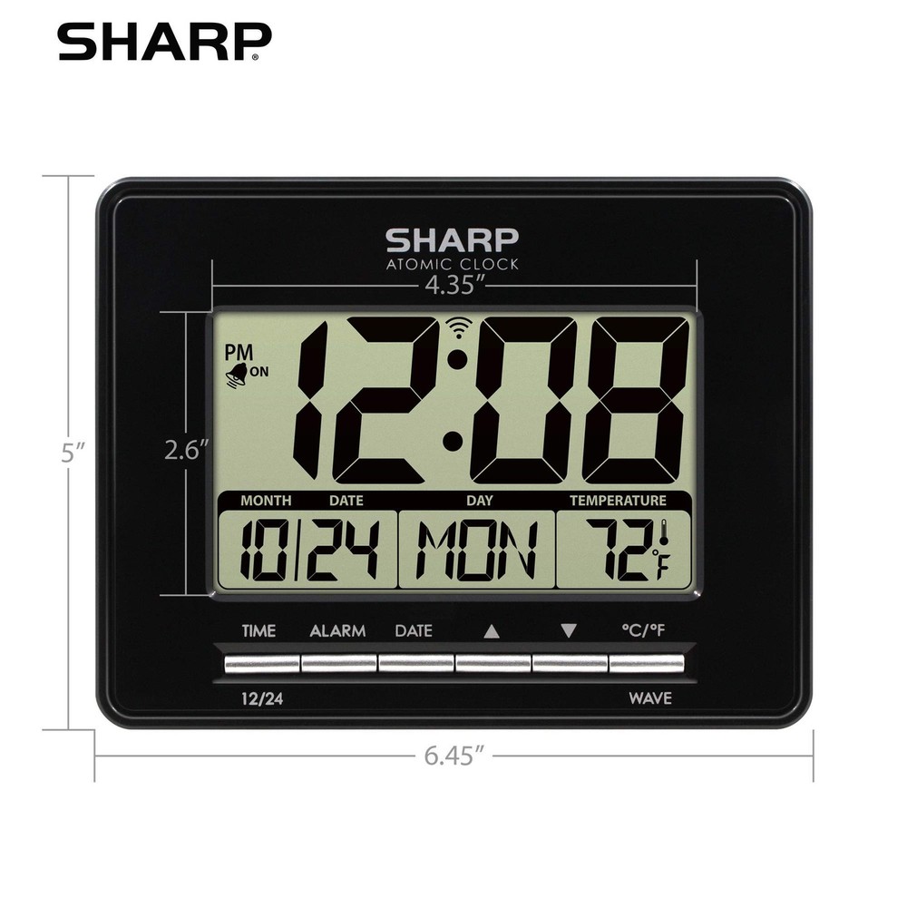Sharp Atomic Desktop Clock – Auto Set Digital Alarm - Small, Black