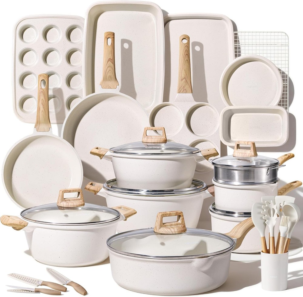 Pots & Pans Set Nonstick White Granite Induction Kitchen Cookware Set 10 Pcs