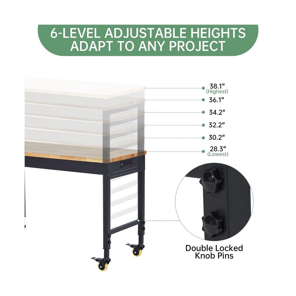 48" Adjustable Height Workbench, Rubber Wood Tabletop Work Table with Wheels,...