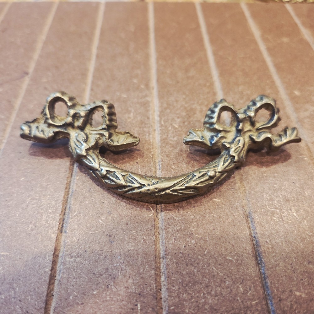 Antique ~  Cast Brass Drawer Pulls Rigid bale with bows  -NOS