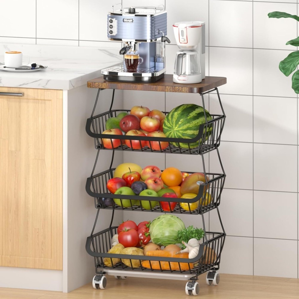 Fruit Basket with Wooden Lid,4 Tier Stackable Fruit and Vegetable Storage Basket
