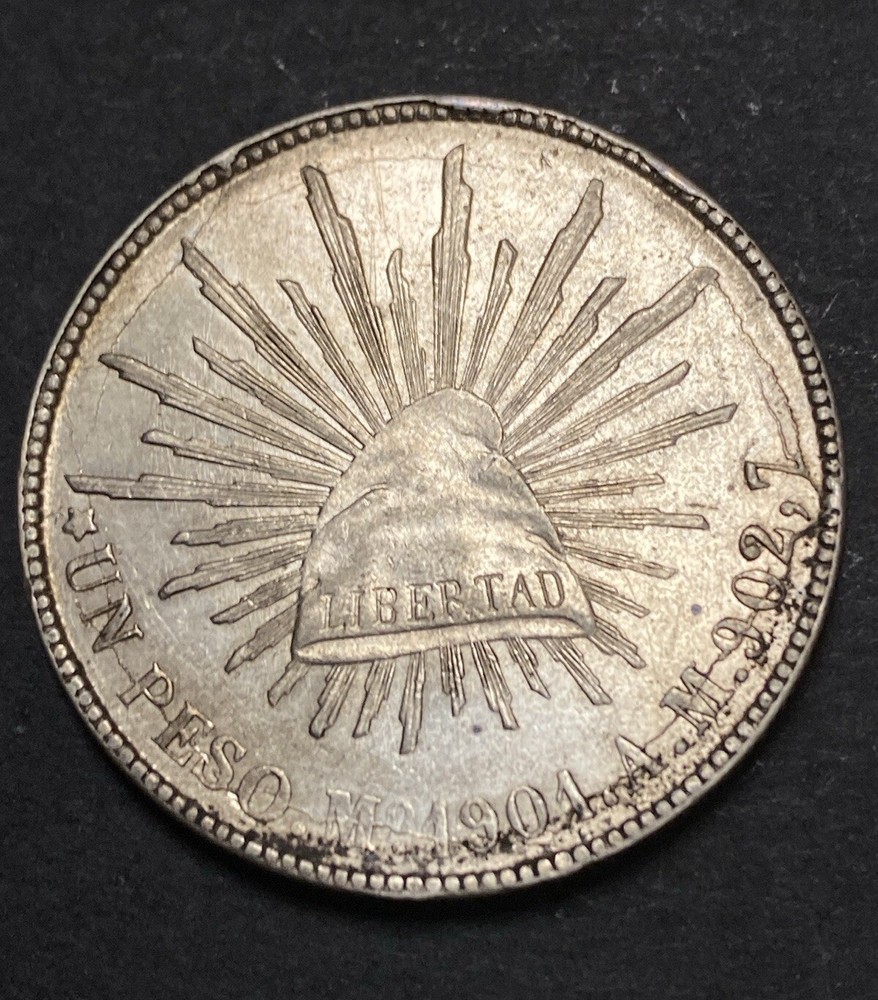 1901 Mexico Silver Peso Obverse & Reverse Lamination Left Extra Leaf Mint Error