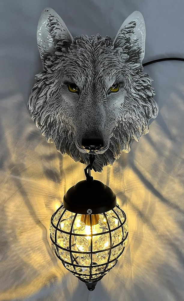 Rustic Wolf Wall Sconce with Crystal Shade - Farmhouse Decorative Light