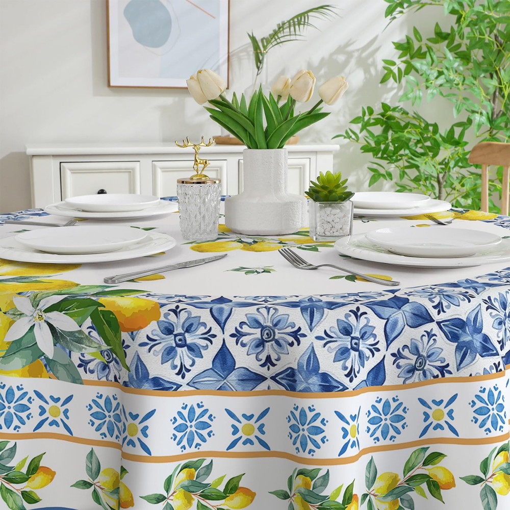 cusugbaso Lemon Round Tablecloth 60 inches - Mediterranean 60" (Round),