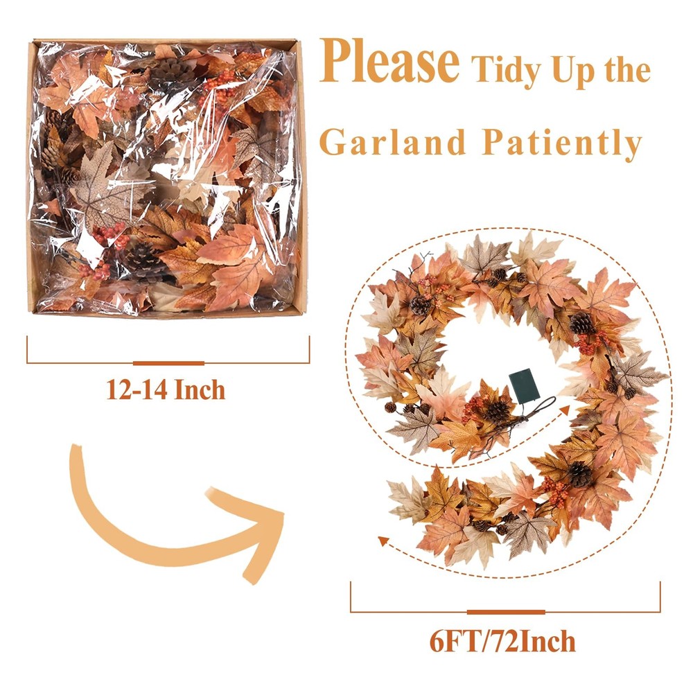 6 FT Fall Garland with Lights Timer Function Fall Leaves Garland with Berries...
