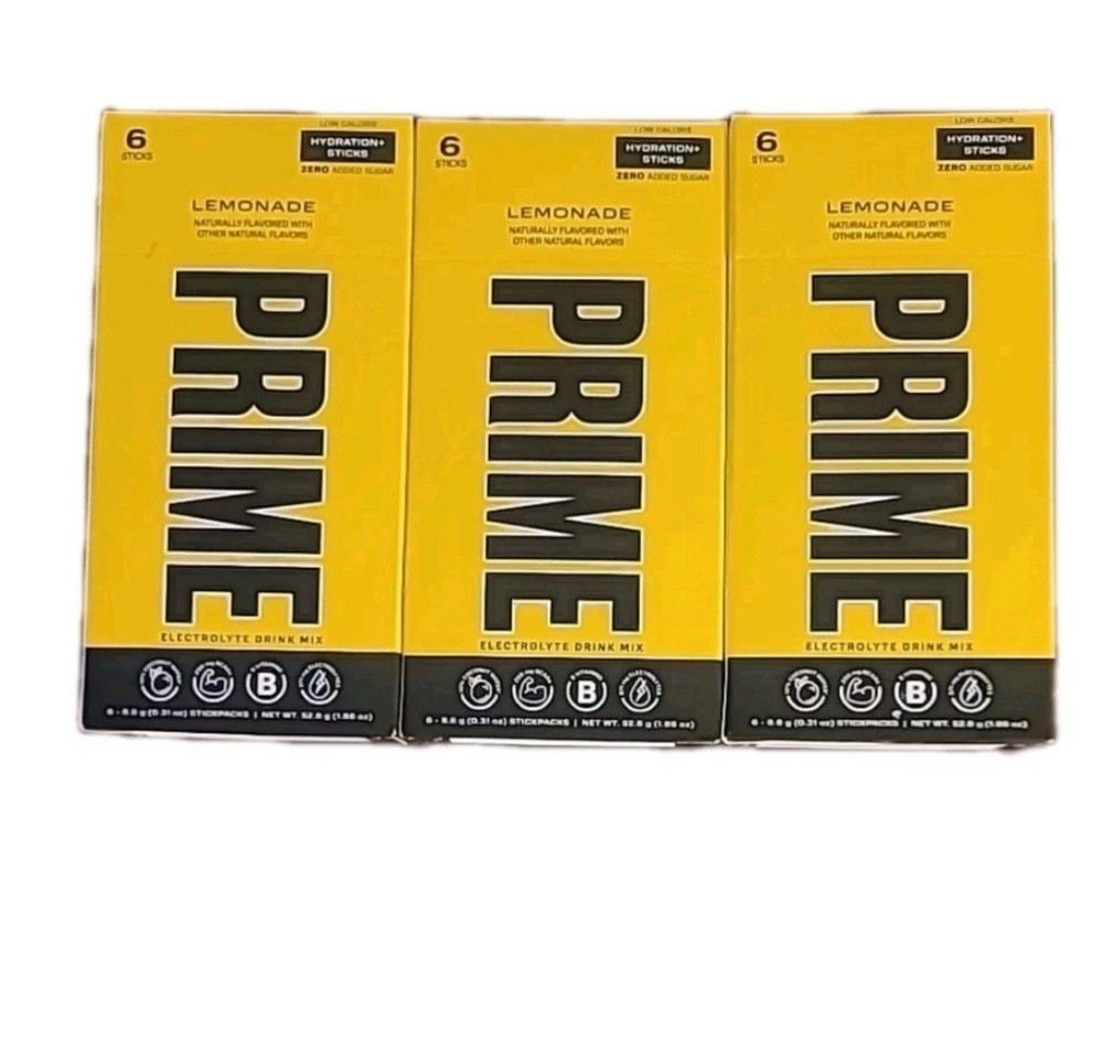 3 × Prime Electrolyte Hydration+Drink Mix Lemonade  Zero Sugar Added 18 Sticks