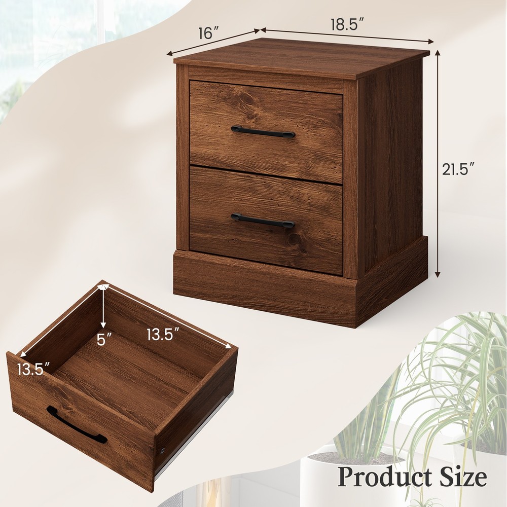 2 PCS 2 Drawer Compact Sofa End Table Nightstand Bedside Table Rustic Walnut