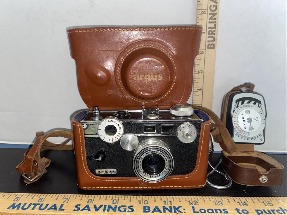 Argus Coated Cintar 50mm Camera W/ Leather Case + Argus Light Meter W/ Case