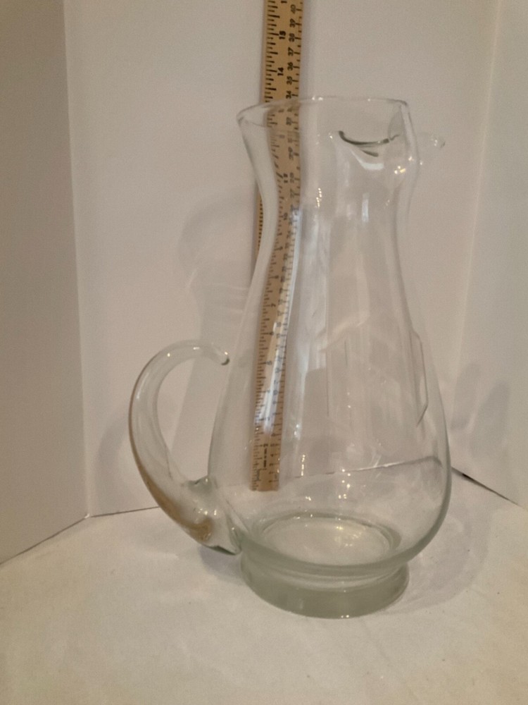 Clear Glass water pitcher etched BCD 12”