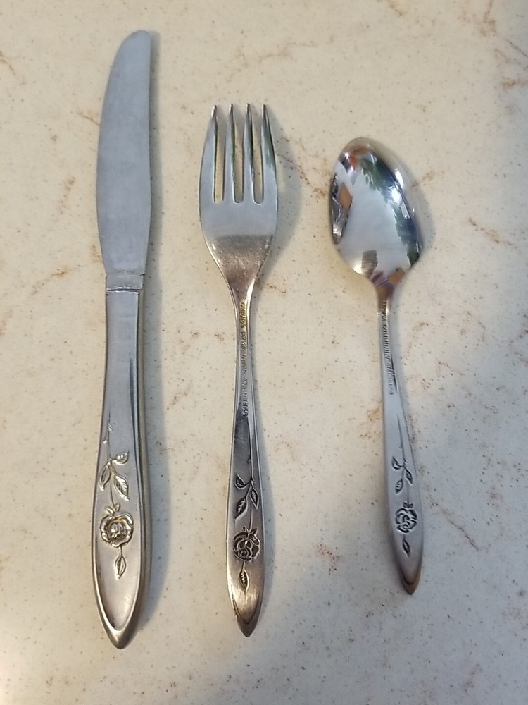 Oneida Stainless Rose Pattern Childs Dinnerware Set, One knife, fork, & spoon