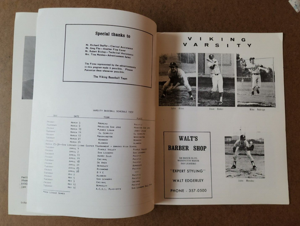 1972 Pacific High School - Viking Baseball Program - San Leandro California