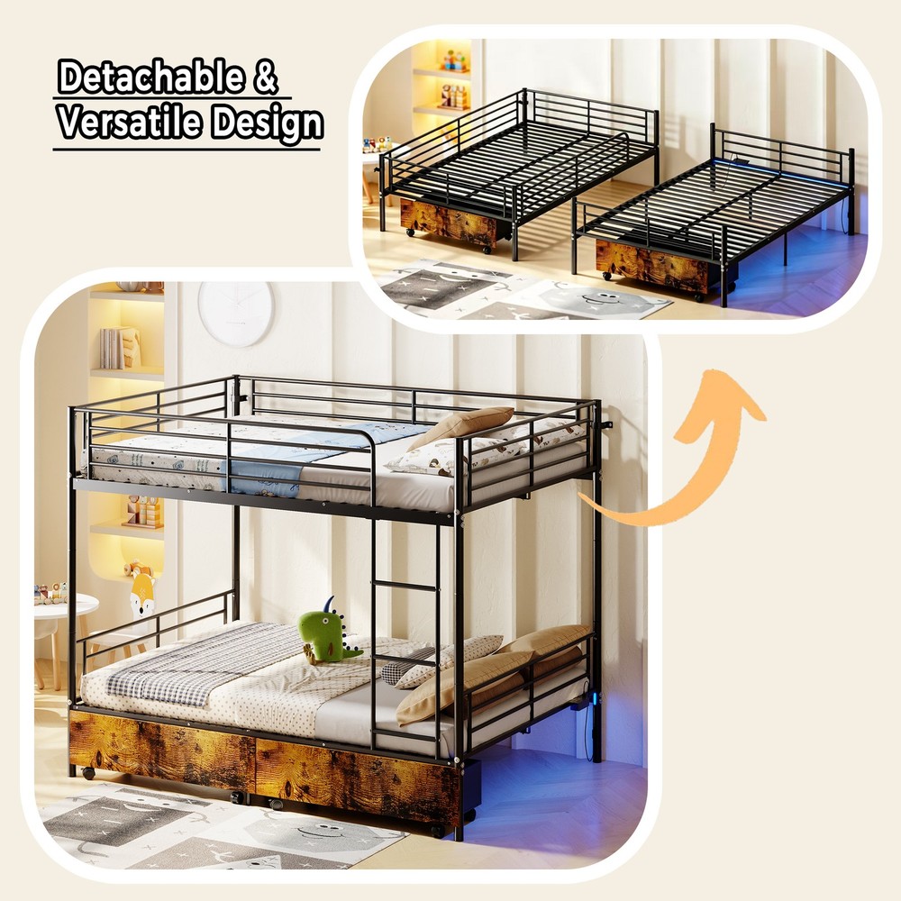 Bunk Bed with USB Charging Station, Able to Split, Metal Bunk Bed, Storage Space