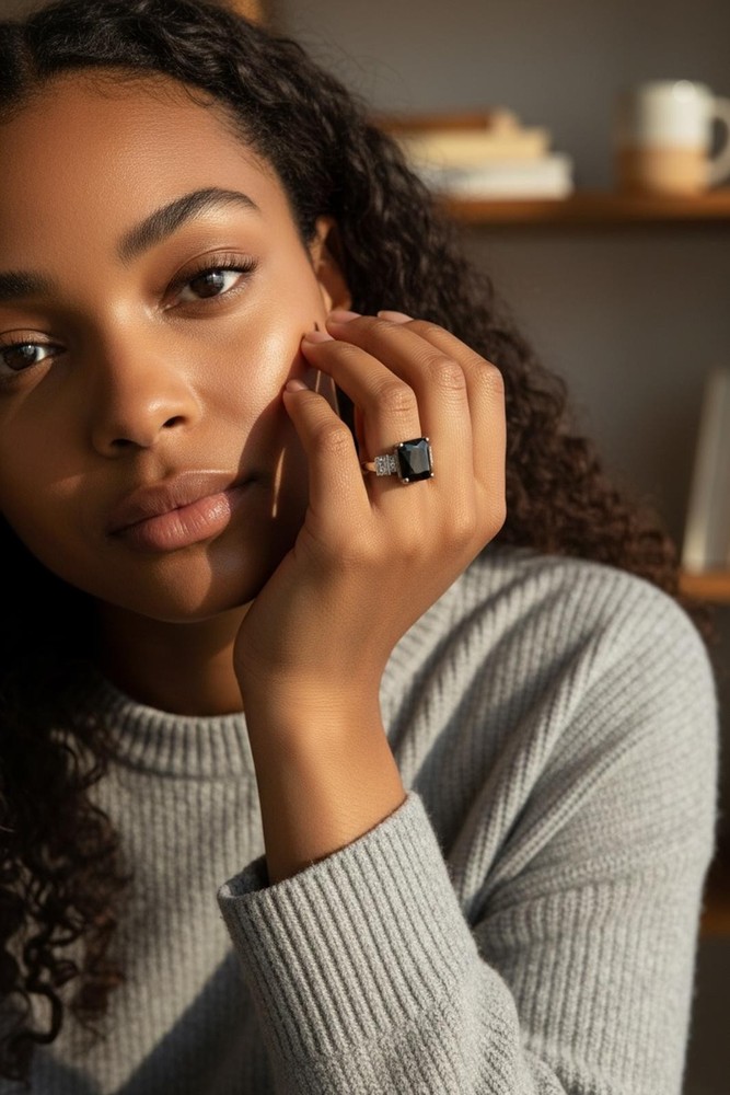 Silver Ring with Large Black Square Stone