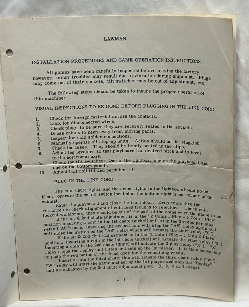 ORIGINAL-GOTTLIEB-LAWMAN-INSTALLATION & OPERATION INSTRUCTIONS