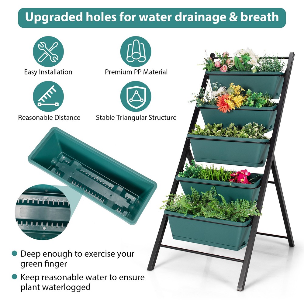 5-tier 2PCS Vertical Garden Planter Box Elevated Raised Bed w/5 Container Green