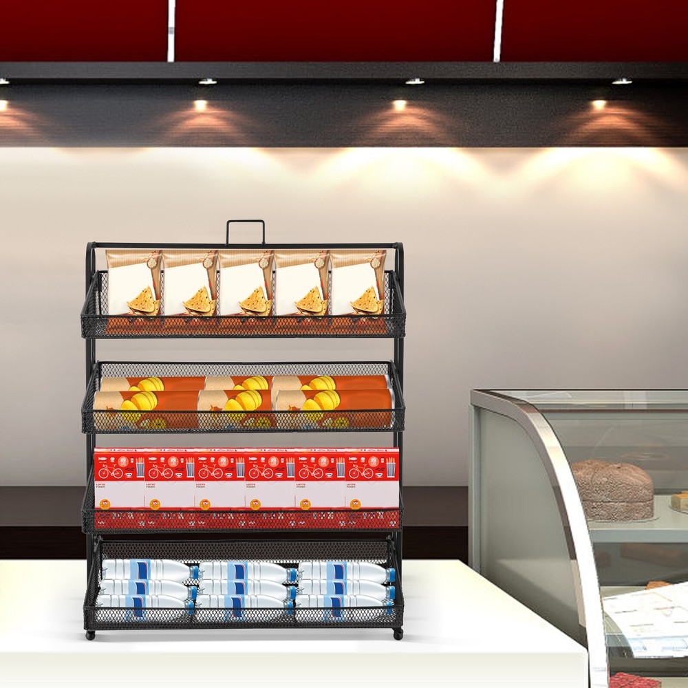 4-Tier Iron Display Rack for Retail Snacks and Candy Organization, Black