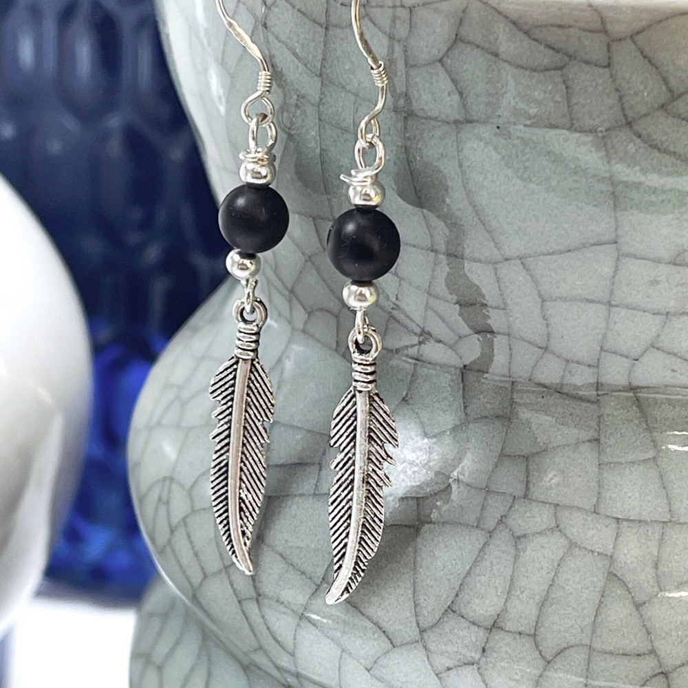 black onyx feather earrings