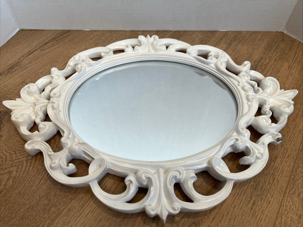 Vintage Mirror Ornate White Oval Plastic Wall Baroque Rococo