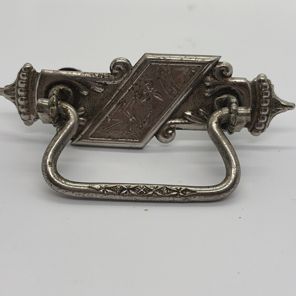 Antique 4” Single Drawer Pull Silver Tone Crane Embellishment (11)