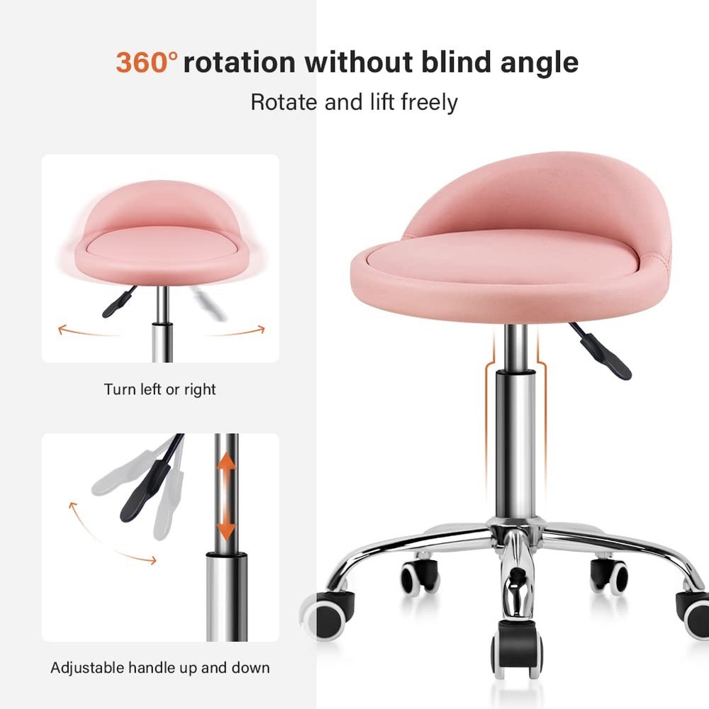 PU Leather Round Rolling Stool with Back Rest Height Adjustable Swivel Drafti...