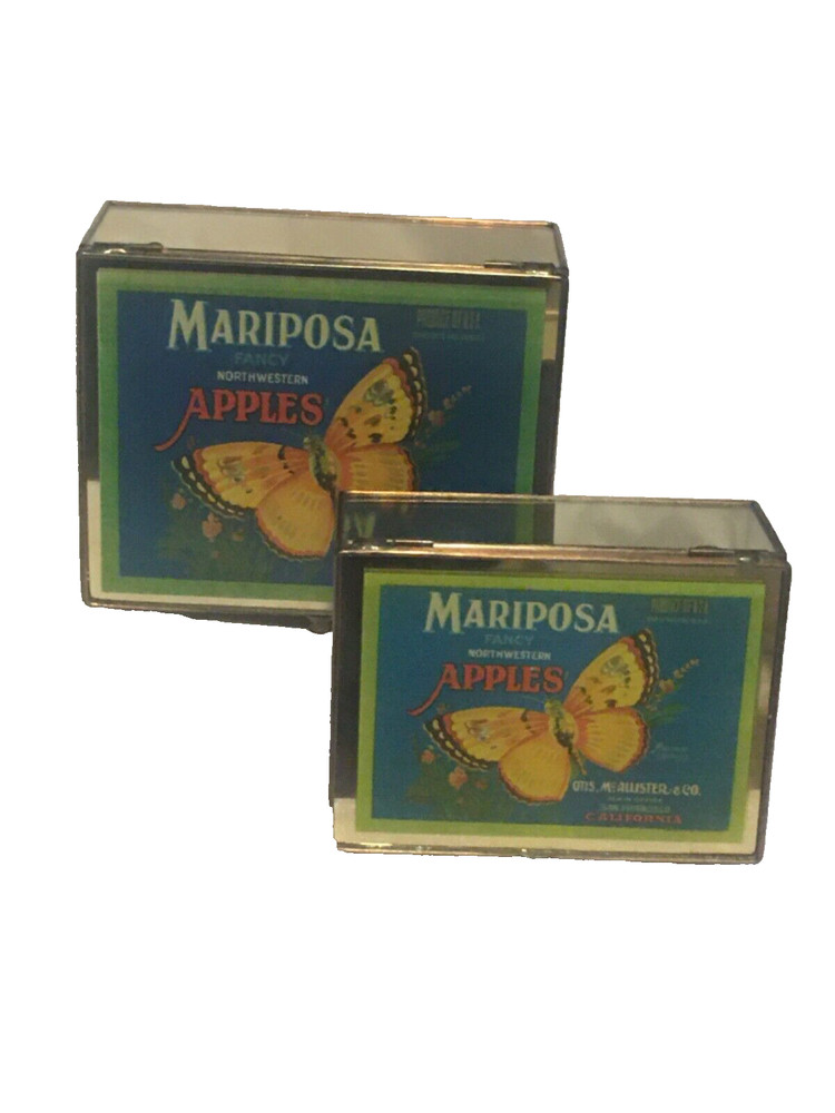 Two Decorative Mirror Metal Boxes Butterfly Apple Label