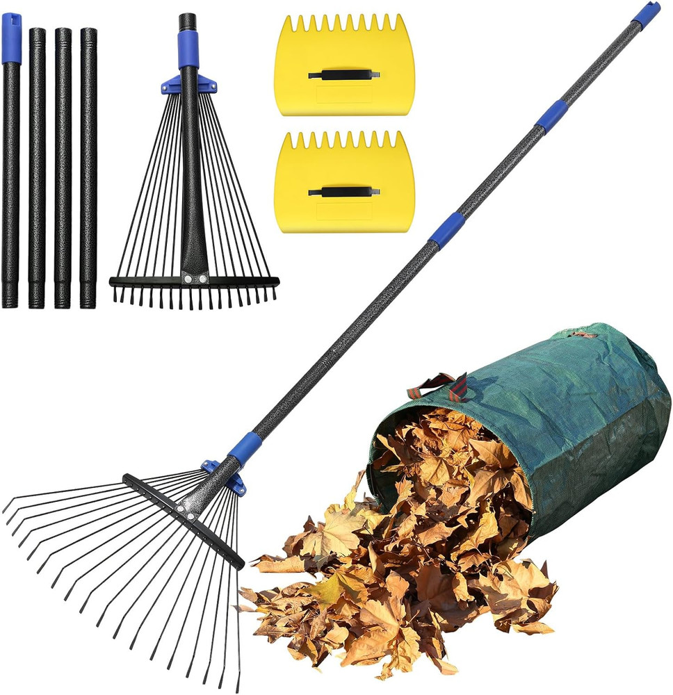 Garden Leaf Rake Set: 18 Tines Adjustable Rake, 2 Leaf Scoops, 32Gallon Leaf Bag