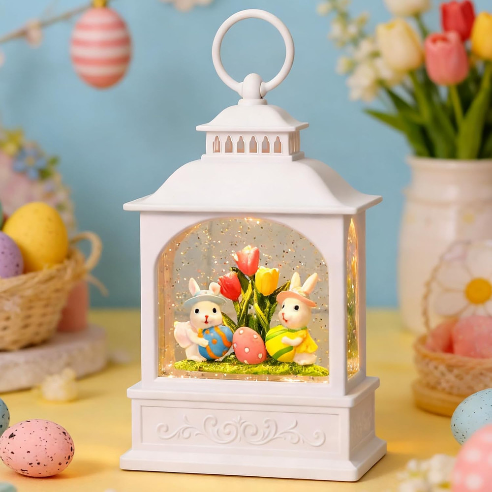 Easter Bunny Snow Globe, Easter Eggs Spring Snow Globe 6H Timer Glitter Lantern