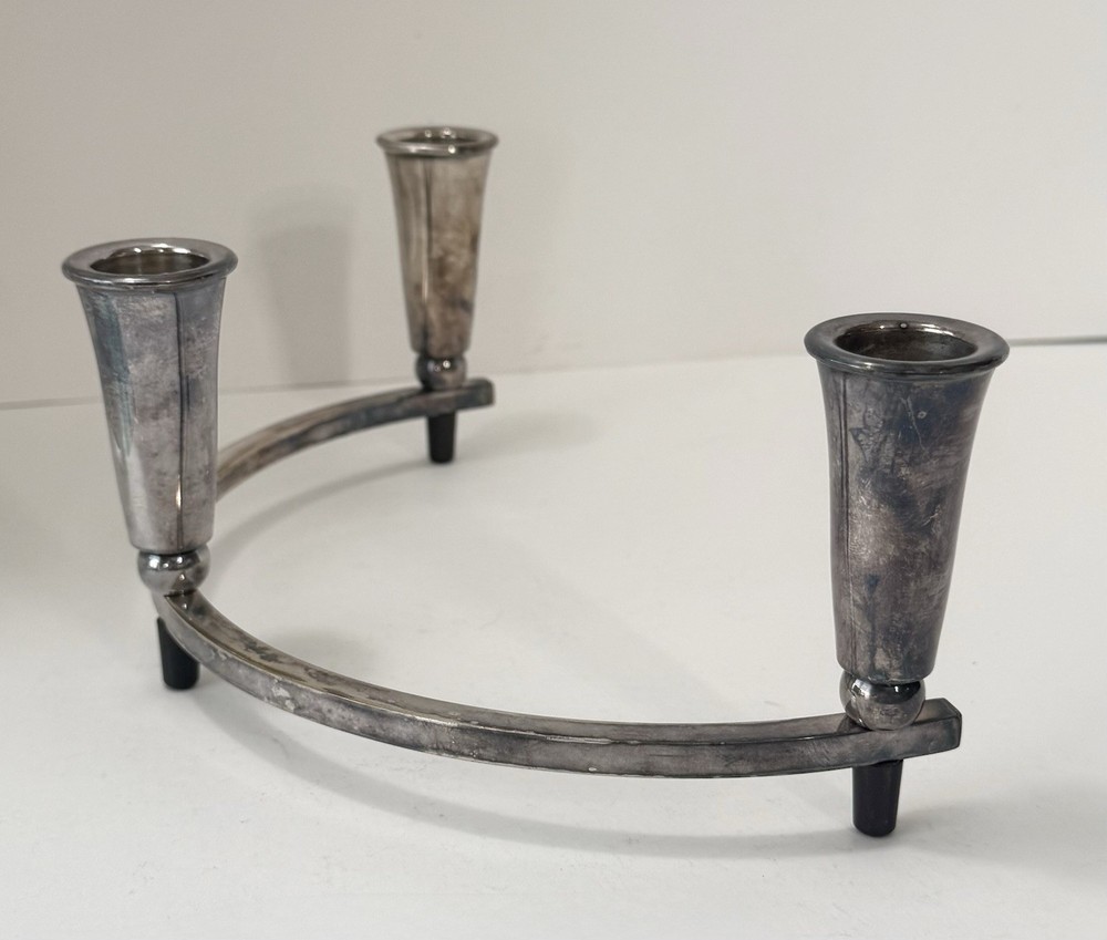 Vintage Mid-Century Modern Silverplate & Bakelite Half Circle Candelabra 2pc Set