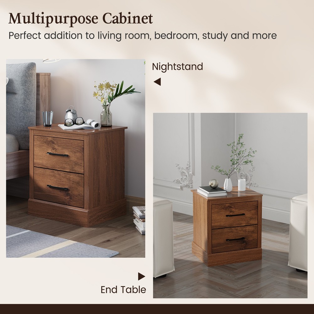 2 PCS 2 Drawer Compact Sofa End Table Nightstand Bedside Table Rustic Walnut